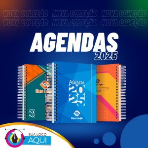 Agenda Personalizada 2025 Capa dura 15x21cm Capa personalizada, miolo PB padrão Laminação Fosca Encadernação Wire-O PRETO 